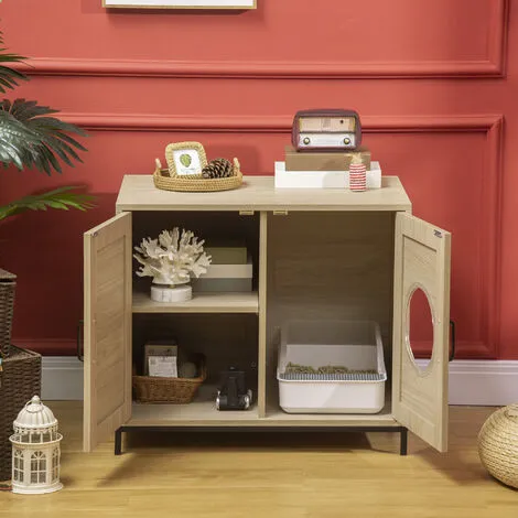 PawHut Meuble Maison De Toilette Pour Chat 2 En 1 Avec Double Porte Châssis Acier Panneaux Particules Aspect Bois Clair - Beige 2 PawHut Meuble Maison De Toilette Pour Chat 2 En 1 Avec Double Porte Châssis Acier Panneaux Particules Aspect Bois Clair - Beige – Image 2