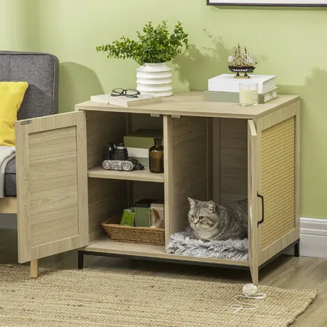 PawHut Meuble Maison De Toilette Pour Chat 2 En 1 Avec Double Porte Châssis Acier Panneaux Particules Aspect Bois Clair - Beige 4 PawHut Meuble Maison De Toilette Pour Chat 2 En 1 Avec Double Porte Châssis Acier Panneaux Particules Aspect Bois Clair - Beige – Image 4