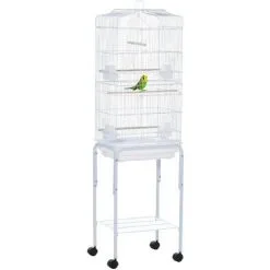 PawHut Cage à Oiseaux Sur Pied Volière Oiseaux Sur Roulettes Avec Toit Ouvrant 3 Perchoirs étagère Inférieure 46,5 X 36 X 157 Cm - Blanc
