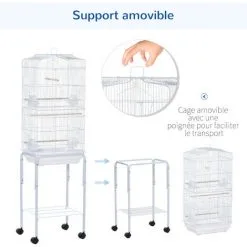 PawHut Cage à Oiseaux Sur Pied Volière Oiseaux Sur Roulettes Avec Toit Ouvrant 3 Perchoirs étagère Inférieure 46,5 X 36 X 157 Cm - Blanc -PawHut Soldes Boutique 67535281 4