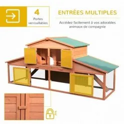 PawHut Clapier Cage à Lapins Rongeurs Poulailler XXL 2 étages 2 Enclos Tiroir Déjection 2,27L X 0,70l X 1H M Bois Massif Pin - Marron -PawHut Soldes Boutique 6812292 5