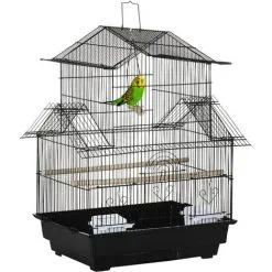 PawHut Cage à Oiseaux Design Maison Perchoirs Mangeoires Balançoire 3 Portes Plateau Excrément Amovible + Poignée Transport Métal Noir - Noir