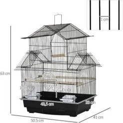 PawHut Cage à Oiseaux Design Maison Perchoirs Mangeoires Balançoire 3 Portes Plateau Excrément Amovible + Poignée Transport Métal Noir - Noir -PawHut Soldes Boutique 68959113 3