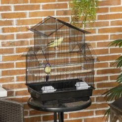 PawHut Cage à Oiseaux Design Maison Perchoirs Mangeoires Balançoire 3 Portes Plateau Excrément Amovible + Poignée Transport Métal Noir - Noir -PawHut Soldes Boutique 68959113 4