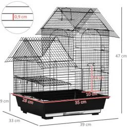 PawHut Cage à Oiseaux Design Maison Mangeoires Perchoirs Balançoire 2 Portes Plateau Excrément Amovible + Poignée Transport Métal Noir - Noir -PawHut Soldes Boutique 68959116 3