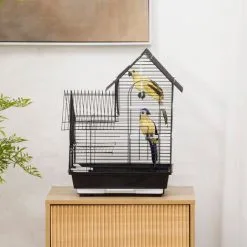 PawHut Cage à Oiseaux Design Maison Mangeoires Perchoirs Balançoire 2 Portes Plateau Excrément Amovible + Poignée Transport Métal Noir - Noir -PawHut Soldes Boutique 68959116 4