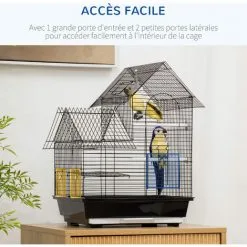 PawHut Cage à Oiseaux Design Maison Mangeoires Perchoirs Balançoire 2 Portes Plateau Excrément Amovible + Poignée Transport Métal Noir - Noir -PawHut Soldes Boutique 68959116 5