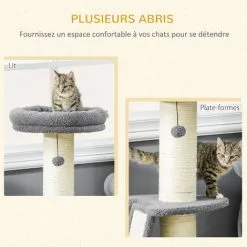 PawHut Arbre à Chat 3 Griffoirs Grattoirs Sisal Naturel Plateforme Panier 2 Boules Suspendues Peluche Haute Densité 220 G/m² Gris - Gris -PawHut Soldes Boutique 69767316 4