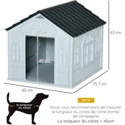 PawHut Niche Chien Style Cottage Dim. 65L X 75l X 63H Cm - Motifs Fenêtres, Porte, Aération - PP Blanc Gris - Blanc -PawHut Soldes Boutique 70300263 3