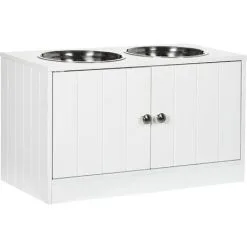 PawHut Gamelle Double Chien Chat - Porte-gamelles Surélevé Armoire 2 En 1 - 2 Portes, 2 Gamelles - MDF Blanc Acier Inox. - Blanc