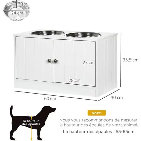 PawHut Gamelle Double Chien Chat - Porte-gamelles Surélevé Armoire 2 En 1 - 2 Portes, 2 Gamelles - MDF Blanc Acier Inox. - Blanc 3 PawHut Gamelle Double Chien Chat - Porte-gamelles Surélevé Armoire 2 En 1 - 2 Portes, 2 Gamelles - MDF Blanc Acier Inox. - Blanc – Image 3