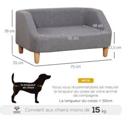 PawHut Canapé Chien Lit Pour Chien Design Scandinave Déhoussable Dim. 75L X 55l X 39H Cm Pieds Bois Tissu Polyester Gris - Gris -PawHut Soldes Boutique 72276201 3