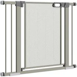 PawHut Barrière De Sécurité Animaux - Longueur Réglable Dim. 75-103 Cm - Porte Double Verrouillage, Ouverture Double Sens -sans Perçage - Acier ABS Gris - Gris
