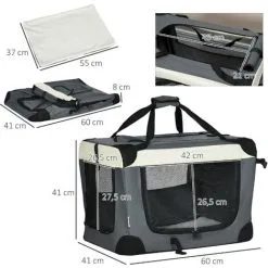 PawHut Sac De Transport Pour Chien Et Chat Pliable - Poignée, 3 Entrées Zippées, Poche - Coussin Amovible Inclus - Acier Oxford Polyester Gris Noir - Gris -PawHut Soldes Boutique 72845742 3