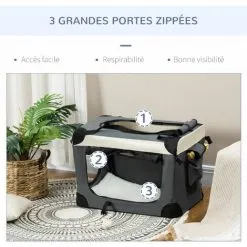 PawHut Sac De Transport Pour Chien Et Chat Pliable - Poignée, 3 Entrées Zippées, Poche - Coussin Amovible Inclus - Acier Oxford Polyester Gris Noir - Gris -PawHut Soldes Boutique 72845742 5