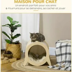 PawHut Maison Pour Chat Design - Niche Chat Panier Chat - Coussin Amovible, Grattoir Jute Naturelle - Panneaux Aspect Bois Clair - Beige -PawHut Soldes Boutique 72845744 4