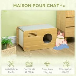 PawHut Maison Pour Chat Design Poste De Radio - Niche Chat Panier Chat - 2 Coussins + Grattoir Sisal Amovibles - MDF Panneaux Aspect Bois Clair - Beige -PawHut Soldes Boutique 72845751 4