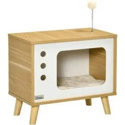 PawHut Maison Pour Chat Design Poste De Télévision - Niche Chat Panier Chat - 2 Coussin Amovible, Boule à Ressort - Panneaux Aspect Bois Clair Blanc - Beige