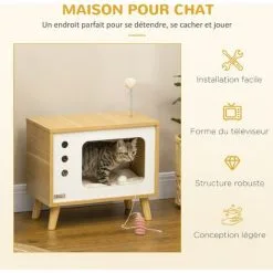 PawHut Maison Pour Chat Design Poste De Télévision - Niche Chat Panier Chat - 2 Coussin Amovible, Boule à Ressort - Panneaux Aspect Bois Clair Blanc - Beige -PawHut Soldes Boutique 72845754 4