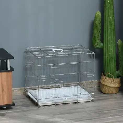 PawHut Cage Pour Chien Pliable - Plateau Excrément Coulissant - 2 Portes Verrouillable, Poignée - Dim. 61L X 43l X 50H Cm - Fer Galvanisé PP Blanc - Blanc 2 PawHut Cage Pour Chien Pliable - Plateau Excrément Coulissant - 2 Portes Verrouillable, Poignée - Dim. 61L X 43l X 50H Cm - Fer Galvanisé PP Blanc - Blanc – Image 2