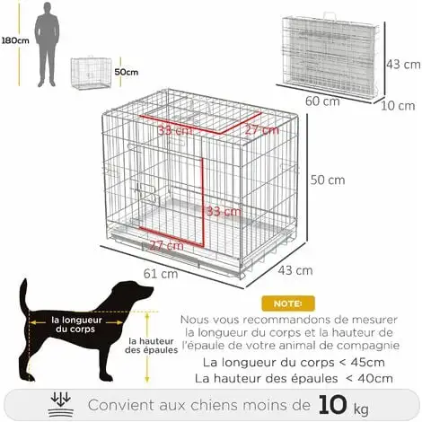 PawHut Cage Pour Chien Pliable - Plateau Excrément Coulissant - 2 Portes Verrouillable, Poignée - Dim. 61L X 43l X 50H Cm - Fer Galvanisé PP Blanc - Blanc 3 PawHut Cage Pour Chien Pliable - Plateau Excrément Coulissant - 2 Portes Verrouillable, Poignée - Dim. 61L X 43l X 50H Cm - Fer Galvanisé PP Blanc - Blanc – Image 3