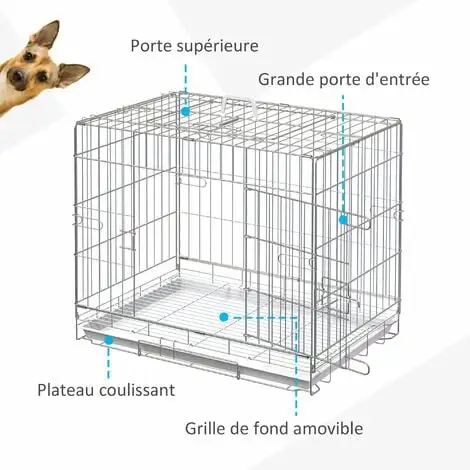 PawHut Cage Pour Chien Pliable - Plateau Excrément Coulissant - 2 Portes Verrouillable, Poignée - Dim. 61L X 43l X 50H Cm - Fer Galvanisé PP Blanc - Blanc 4 PawHut Cage Pour Chien Pliable - Plateau Excrément Coulissant - 2 Portes Verrouillable, Poignée - Dim. 61L X 43l X 50H Cm - Fer Galvanisé PP Blanc - Blanc – Image 4